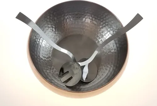 Miniatura 4 de Ensaladera martillada con acento de cobre de 3 piezas con 2 utensilios para servir, completo con cuchara y tenedor de gran tamaño a juego, úsalo
