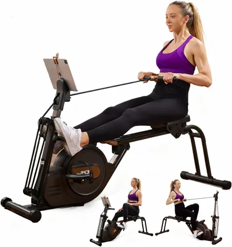 Máquina de remo, remo 3 en 1 con altura ajustable de 6 niveles y resistencia de 8 niveles, sistema de riel deslizante doble, soporta hasta 350