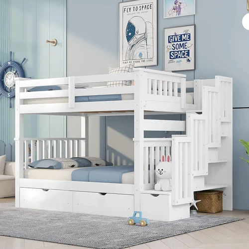 Miniatura 13 de Harper & Bright Designs Literas de tamaño individual sobre matrimonial, litera con escaleras y nido, literas de madera con estante de almacenamiento