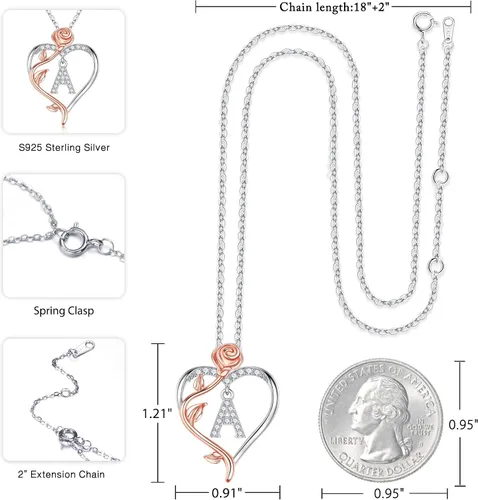 Miniatura 5 de Iefil Collares de corazón de rosa, regalos para mujer, plata de ley 925, collar con dije de letra de corazón rosa, joyería, día de la madre, San