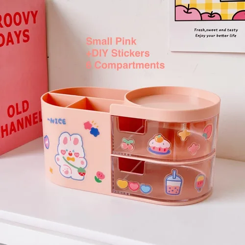 Miniatura 2 de Organizador de escritorio Kawaii con cajones para adolescentes y niñas, lindo organizador de escritorio Kawaii con calcomanías, suministros Rosa