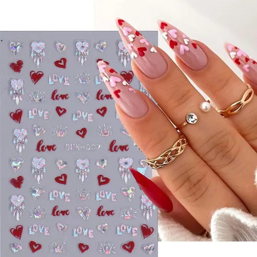 Miniatura 6 de 8 hojas de calcomanías de arte de uñas para el día de San Valentín, autoadhesivas, 3D, color plateado, rosa, rojo, labios, letras de corazón, diseño