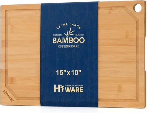 Miniatura 7 de Hiware Tabla de cortar de bambú extra grande para cocina, tabla de cortar de madera resistente con ranura para jugos, 100% bambú orgánico, Natural