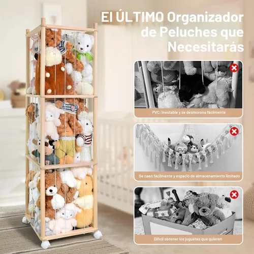 Miniatura 4 de Almacenamiento de animales de peluche, almacenamiento de zoológico de animales de peluche de madera con ruedas de freno, organizador de juguetes