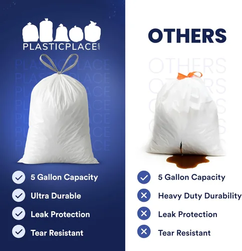 Miniatura 7 de Plasticplace Bolsas de basura de 5 galones – Forro blanco para bolsas de basura con cordón, 19 x 25 pulgadas (100 unidades) – Duraderas, a prueba