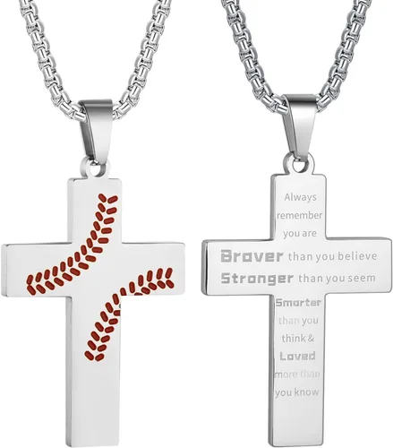 Collar de cruz de béisbol para niños, colgante de cruz de versículo bíblico inspirador de cadena de acero inoxidable de 22 + 2 pulgadas, joyería