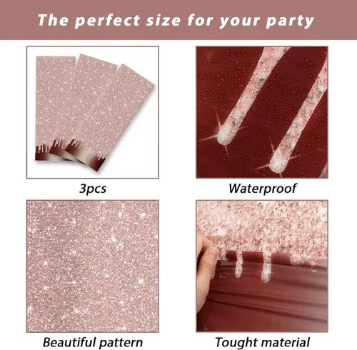 Miniatura 3 de 3 piezas de manteles de plástico con lentejuelas de color oro rosa para fiestas de cumpleaños, con estampado de diamantes de purpurina, fondo