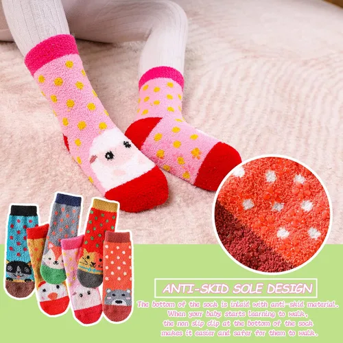 Miniatura 2 de 6 pares de calcetines antideslizantes para bebés y niñas, calcetines cálidos con agarres para niños pequeños, de lana gruesa y suave, para invierno