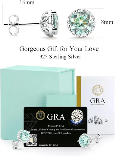 Miniatura 6 de 2CT Round Cut Aquamarine Moissanite Earrings 18 K White Gold Plated S925 Sterling Silver Earrings Blue Moissanite Hypoallergenic Earrings For Women