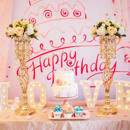 Miniatura 3 de Jarrón de metal dorado, 10 jarrones de trompeta altos para centros de mesa con cuentas de cristal, jarrón de boda para mesas, decoración del hogar