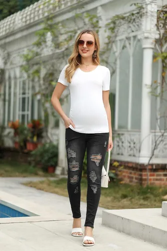 Miniatura 2 de Maacie Jeans de maternidad sobre el vientre, pantalones de mezclilla rasgados ajustados con bolsillos reales
