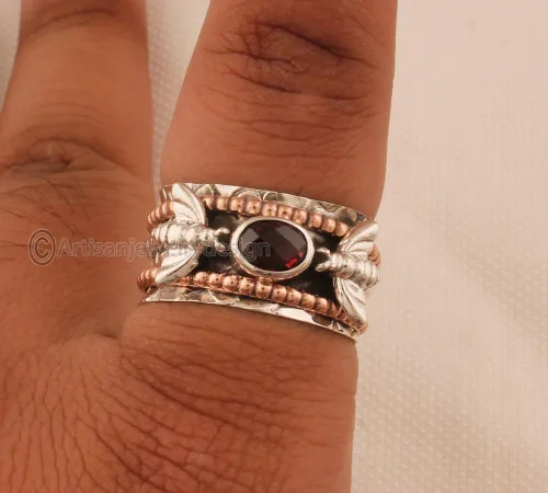 Miniatura 3 de 925 Silver Ring, Handmade Ring Women, Spiritual Spinner Ring, Fidget Spinner Ring, Minimalist Ring Silver, Natural Garnet Ring, Bohemian Silver