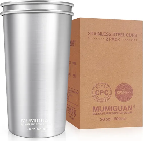 Tazas de acero inoxidable 20 oz/600 ml (2 unidades), vaso de pinta de acero inoxidable, tazas de camping de acero inoxidable, vasos de metal