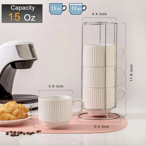 Miniatura 3 de HASENSE Juego de 4 tazas de café de cerámica con estante - 15 oz Juego de tazas grandes apilables de porcelana con nervaduras para café con leche
