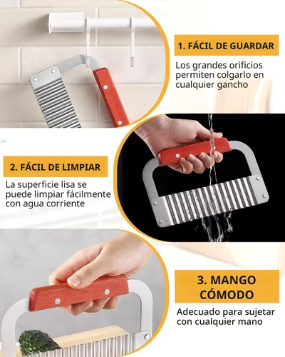 Miniatura 5 de Cortador Ondulado de Acero Inoxidable Rebanador de Papas Resistente Herramientas de Corte Ondulado con Mango de Madera para Zanahorias y Verduras