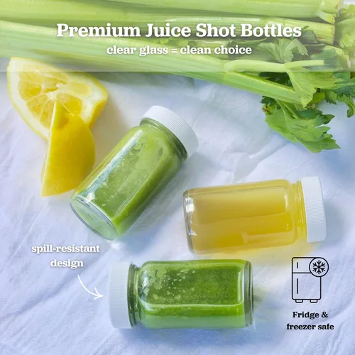 Miniatura 6 de Botellas de jugo con tapas, boca ancha para jugos, almacenamiento de bebidas, líquidos, 2 onzas, botellas de vidrio pequeñas transparentes con tapas