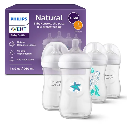 Philips Avent Biberones naturales con pezones de respuesta natural (flujo medio, flujo 3), con diseño de caballito de mar y estrella de mar, 9