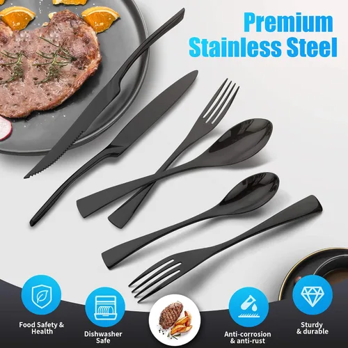 Miniatura 2 de Lemeya Juego de cubiertos negros de 24 piezas con cuchillos para carne, juego de cubiertos de acero inoxidable 18/10 forjado para 4, juego