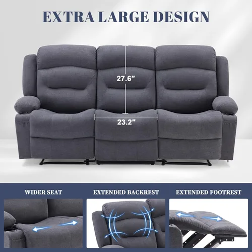Miniatura 6 de Weture Sofá reclinable extra grande con calor y masaje, sofá reclinable de pared con portavasos y puerto USB, sofá reclinable grande de 3 plazas