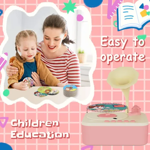Miniatura 4 de Fonógrafo para niños con 96 tarjetas, reproductor de música de cuentos para niños de 3 a 6 años, juguete sensorial musical para niños y niñas, Rosa