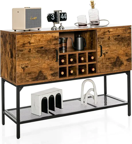 Giantex Armario industrial para vino, aparador de bufé, armario de cocina independiente, estante de malla, armarios de 2 puertas, mesa consola para