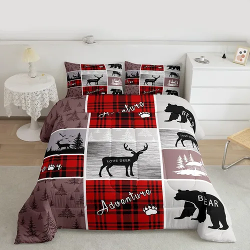 Miniatura 81 de Juego de edredón de oso y ciervo, tamaño individual, ropa de cama de animales salvajes de caza, colcha rústica de cabaña, casa de campo, cuadros