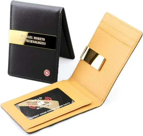 Miniatura 3 de SOTANIA - Clips personalizados de cuero genuino de 24 quilates para hombre carteras delgadas con bolsillo frontal para tarjetas regalo minimalista