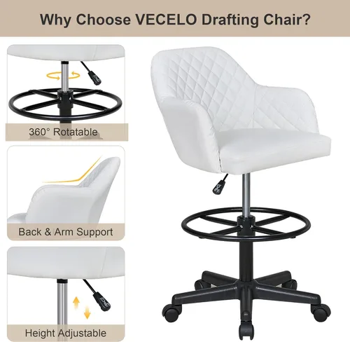 Miniatura 8 de VECELO Silla de dibujo de piel sintética con respaldo bajo y reposapiés, altura ajustable, ruedas giratorias, para dibujo/escritorio de pie/oficina