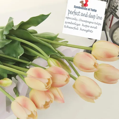 Miniatura 6 de 20 flores de tulipán artificiales, tallos de tulipán de tacto real de 16 pulgadas con hojas sintéticas, tulipanes y capullos sintéticos para Champán