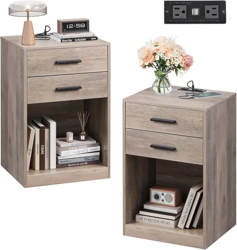 Miniatura 10 de WLIVE Juego de 2 mesitas de noche con estación de carga, juegos de mesa de noche de madera con 2 cajones y estante abierto, mesas auxiliares de cama