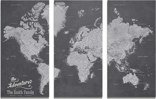 Miniatura 11 de 3 paneles - Mapa de viaje colorido del mundo con alfileres en lienzo envuelto en galería, mapa de pared grande