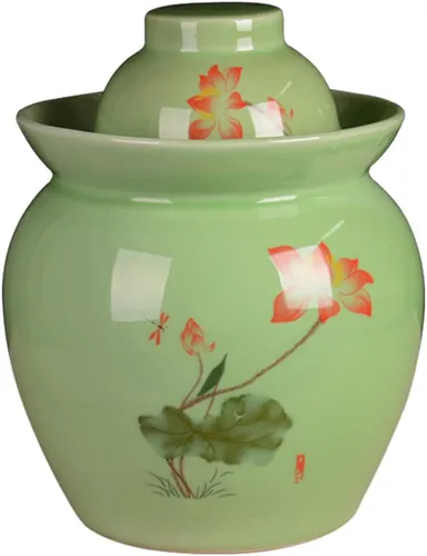 ZHOUXIAO Tarro de fermentación tradicional de cerámica para pepinillos, tarro de fermentación chino con patrón de loto, tanque de fermentación con