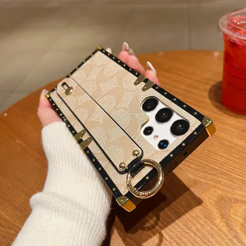 Miniatura 4 de Funda Rectangular de Cuero de Lujo para Teléfono Diseñada para Samsung Galaxy S23 Ultra Funda Linda con Correa de Muñeca Anti Caídas Protectora