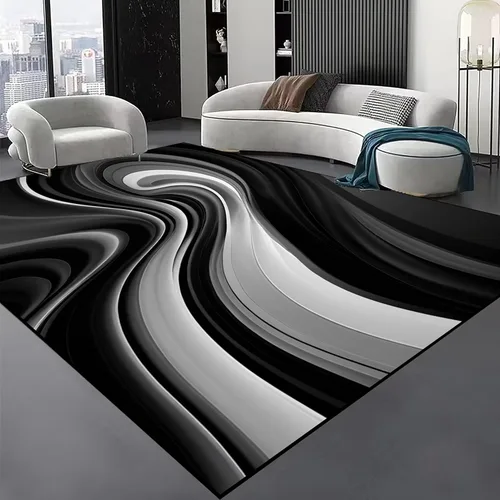 Miniatura 17 de Alfombra geométrica abstracta negra/marrón/naranja de 6x8 pies - Alfombra lavable multicolor moderna retro, alfombra antideslizante