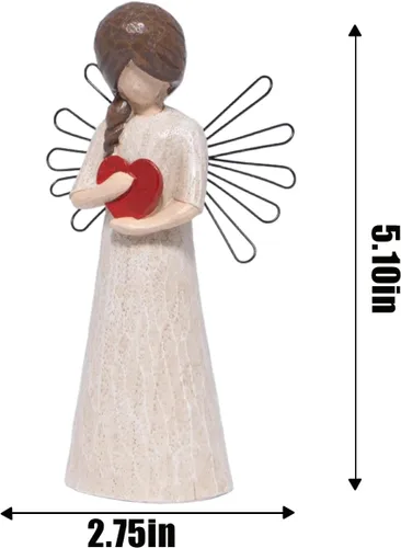Miniatura 2 de Hodao Figura de ángel con corazón rojo, aspecto tallado en madera de resina de 5.1 pulgadas con alas de alambre de metal, decoración