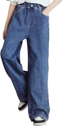 Miniatura 3 de birbyrrly Pantalones de mezclilla de pierna ancha para niñas, holgados, cintura elástica, pantalones de mezclilla casuales con bolsillos