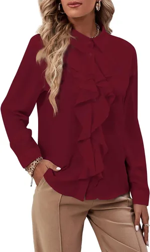 Miniatura 25 de LYANER - Blusa de manga larga con cuello de botón y volantes en la parte delantera para mujer