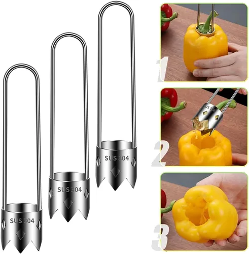Miniatura 14 de Runsgo Descorazonador de semillas de pimiento rojo, descorazonador de frutas de acero inoxidable 2024, para verduras y frutas (1 unidad)