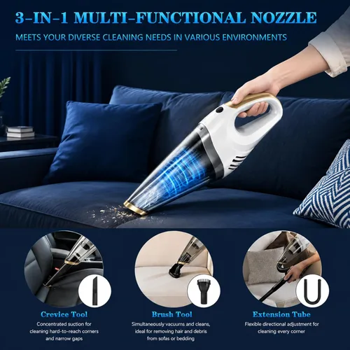 Miniatura 5 de Aspiradora de mano inalámbrica recargable y portátil para coche Strong Suction Hand Vacuum with LED Light, Washable Filters and Attachments for