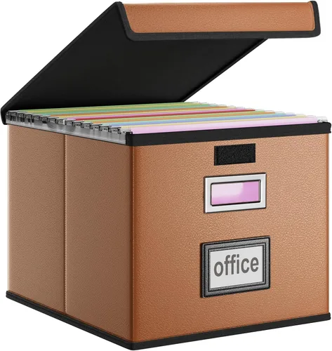 Miniatura 37 de Caja Organizadora de Archivos con Tapa, Caja Organizadora Plegable de Cuero Sintético para Carpetas Colgantes con Rieles de Plástico, Cajas (cuero)