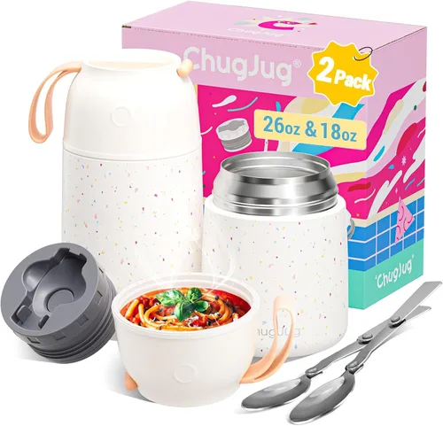 Miniatura 11 de Paquete de 2 termos para comida caliente para adultos y niños, boca ancha, tarro de alimentos aislado al vacío con cuchara, termo de sopa a prueba
