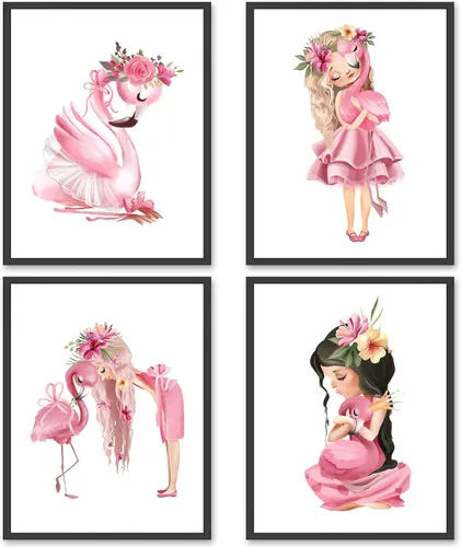 Lienzo decorativo para pared de niña flamenco, cuadro rosa acuarela princesa floral decoración de animales para baby shower, baño, cuarto de bebé,