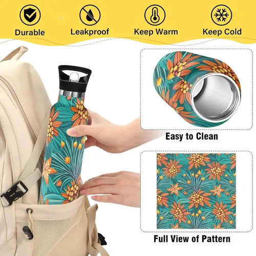 Miniatura 4 de Tropical Leaf Summer Leak Proof & BPA Free Reusable Water Bottle with Straw Double-Wall Vacuum Insulation for Gym Sports 20 oz termo para agua acero