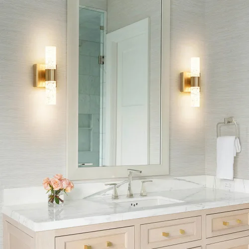 Miniatura 5 de Juego de 2 apliques de pared LED de cristal, lámparas de baño de oro cepillado, modernas luces de baño con LED con cable para dormitorio, sala