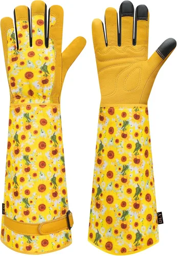 Miniatura 8 de DLY Guantes de jardinería para mujeres, guantes para rosas resistentes a espinas, guantes largos de jardín para mujeres, guantelete de cuero vacuno