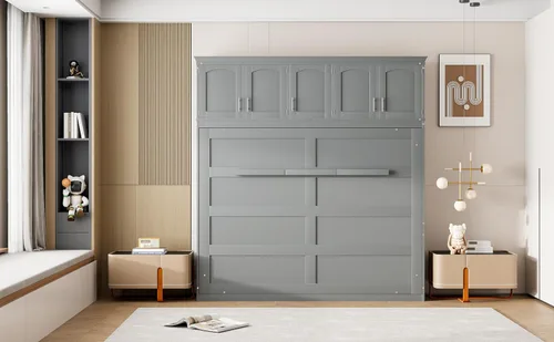 Miniatura 4 de Merax Moderno mueble Murphy con armarios superiores, plataforma de pared de madera maciza, no necesita somier, fácil de montar, color gris