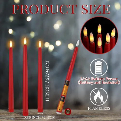 Miniatura 2 de Macarrie 24 Paquetes de Velas Cónicas Sin Llama Operadas con Batería Falsas de 11 Pulgadas de Largo Luz de Vela LED Sin Llama Candelabros Rojo