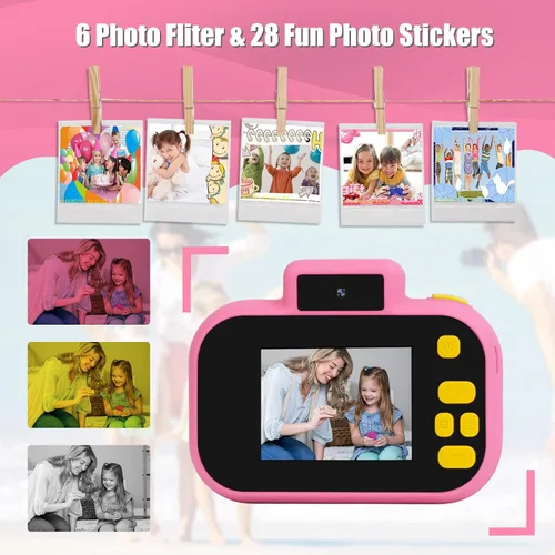 Miniatura 3 de Cámara para niños, cámara digital rosa para selfie, juguetes de cumpleaños para niñas de 3 a 9 años, grabadora de video digital HD portátil