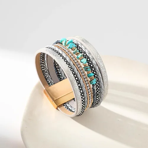 Miniatura 6 de HUASAI Pulsera bohemia de piel sintética para mujer, joyería de turquesa occidental multicapa