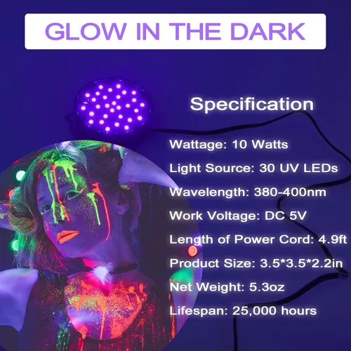 Miniatura 2 de CICINY Luz LED negra, luces negras UV colgantes USB de 10 W con gancho, lámpara de luz negra para fiesta brillante, decoraciones de Halloween que
